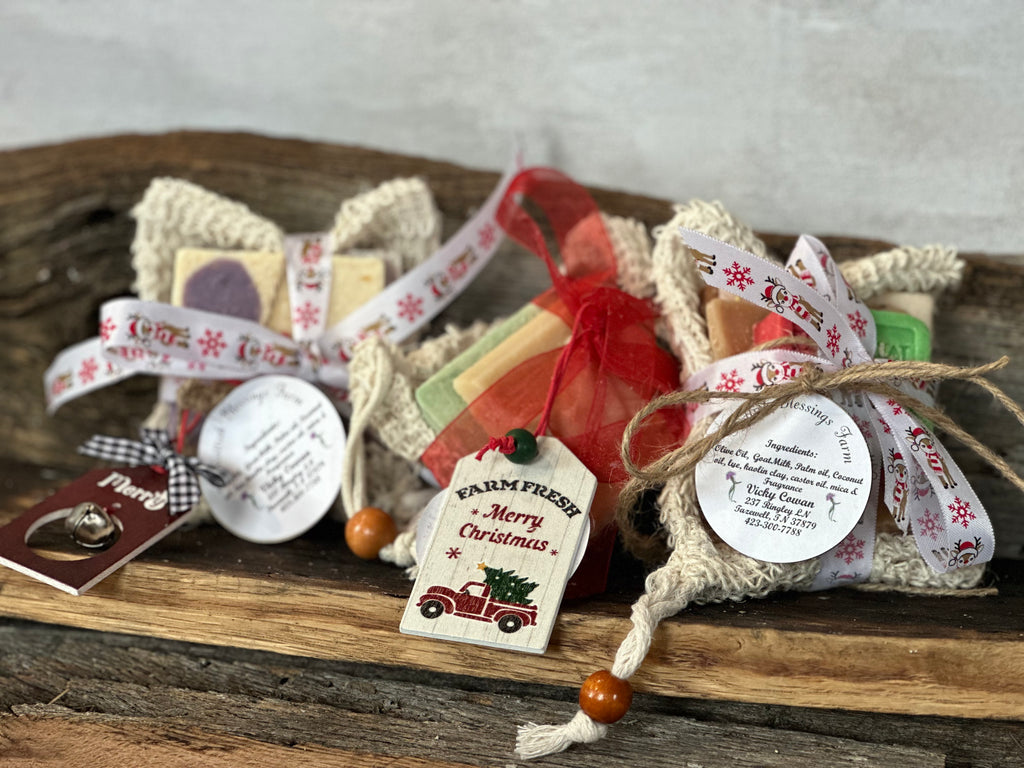 4 ounces of a variety of soap ends wrapped nicely with sissal bag