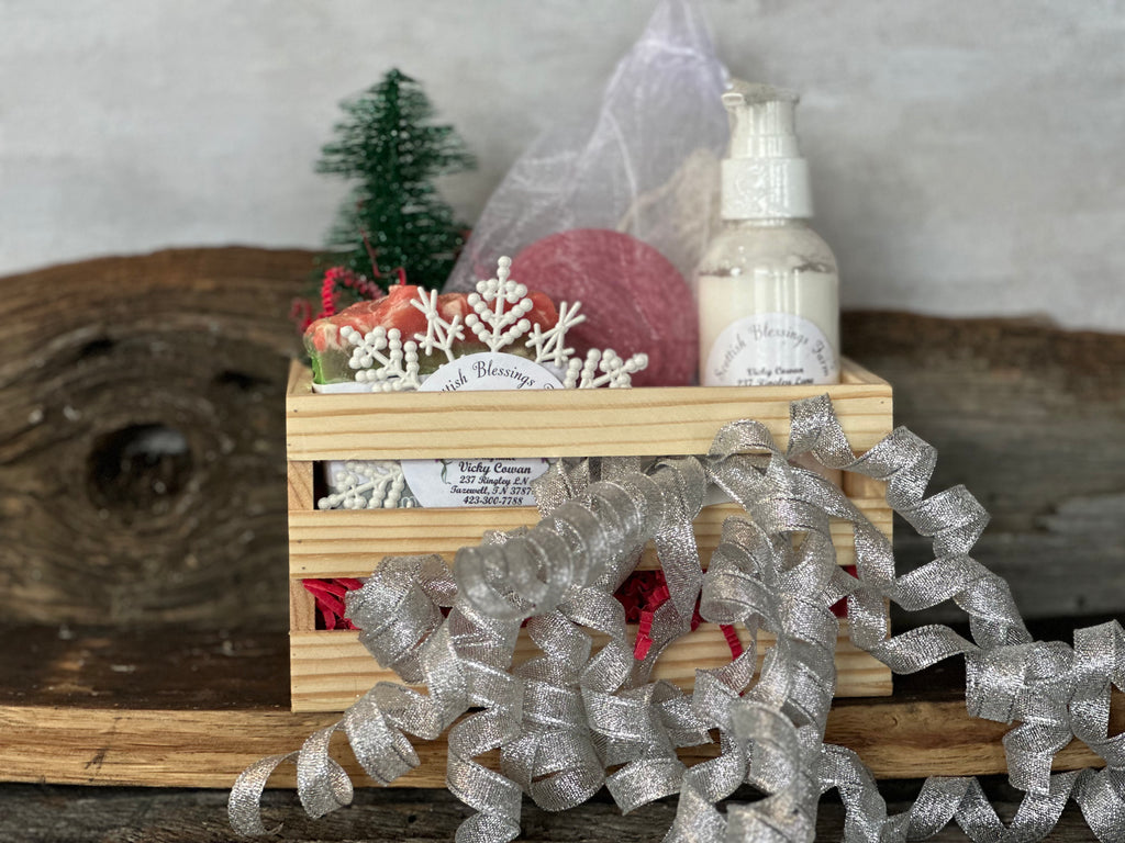 Decorative box with 2 regular soaps, 4 ounce lotion, sissal bag and soap ornament