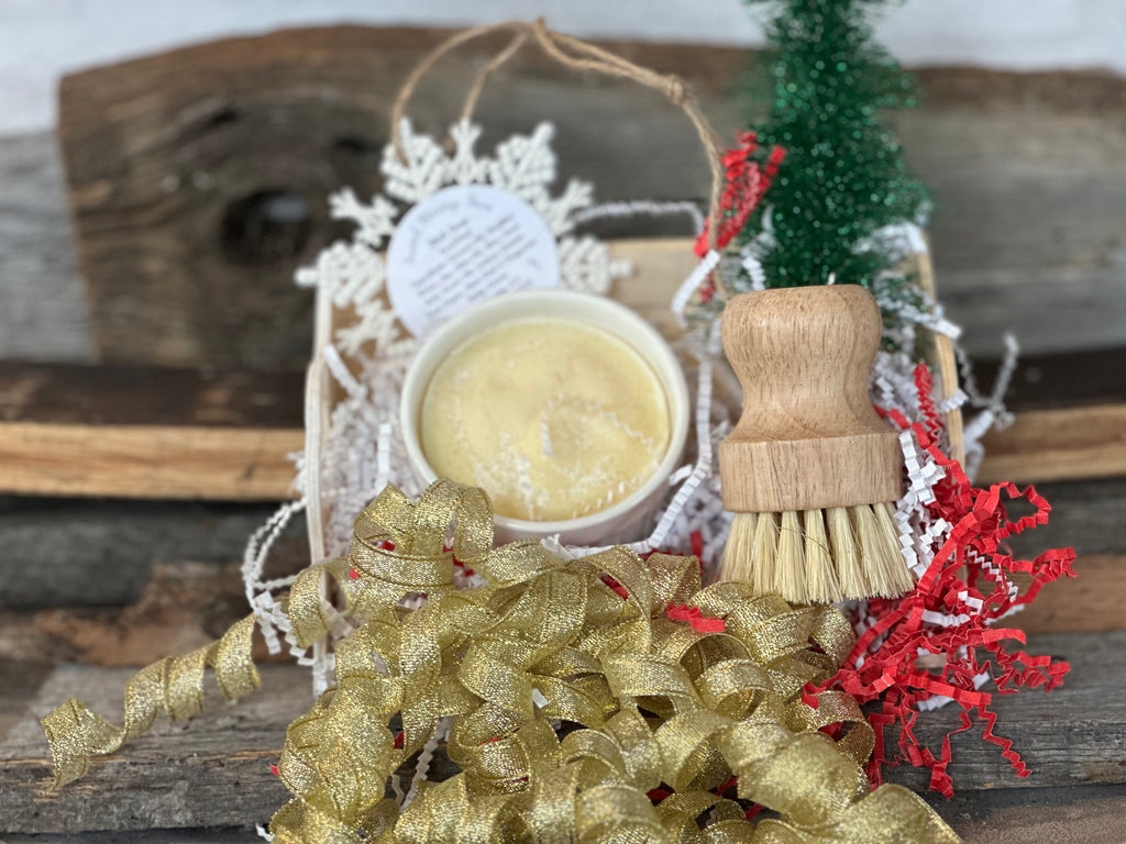 Dish Soap in ramekin with brush in a nice little box.